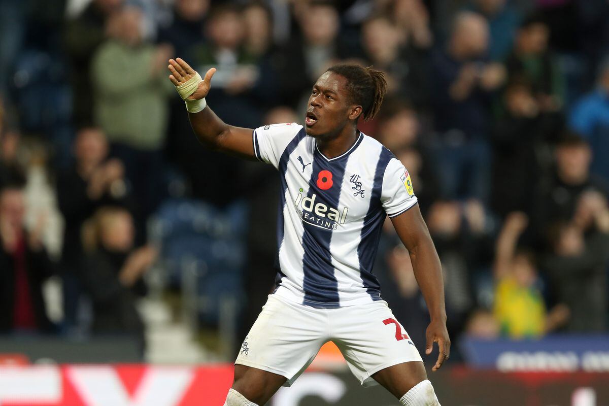 Brandon Thomas-Asante of West Bromwich Albion celebrates after scoring a goal to make it 2-0 during the Sky Bet Championship between West Bromwich Albion and Stoke City at The Hawthorns on November 12, 2022 in West Bromwich, United Kingdom. (Photo by Adam Fradgley/West Bromwich Albion FC via Getty Images).
