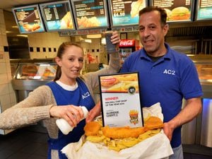 E&S Walsall chip shop of theyear 2018, Aldridge Chippy 2 , Walsall Wood. Pictured left , Leigh Taylor and Triv Papettas