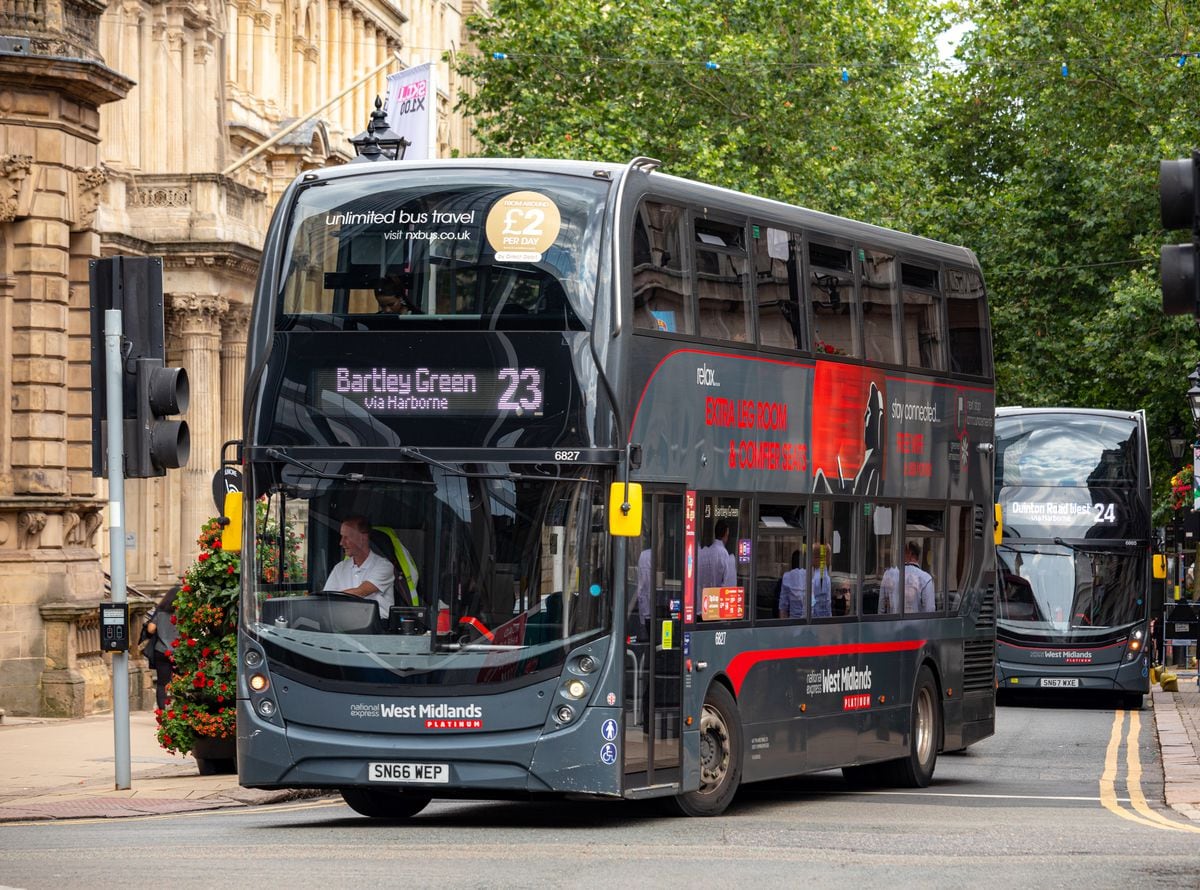 A National Express bus in Colmore Row, Birmingham. Photo: Shaun Fellows / Shine Pix Ltd