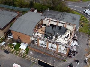 Aerial photo of the former Leys Hall, Darlaston, showing the damage done to it over the years