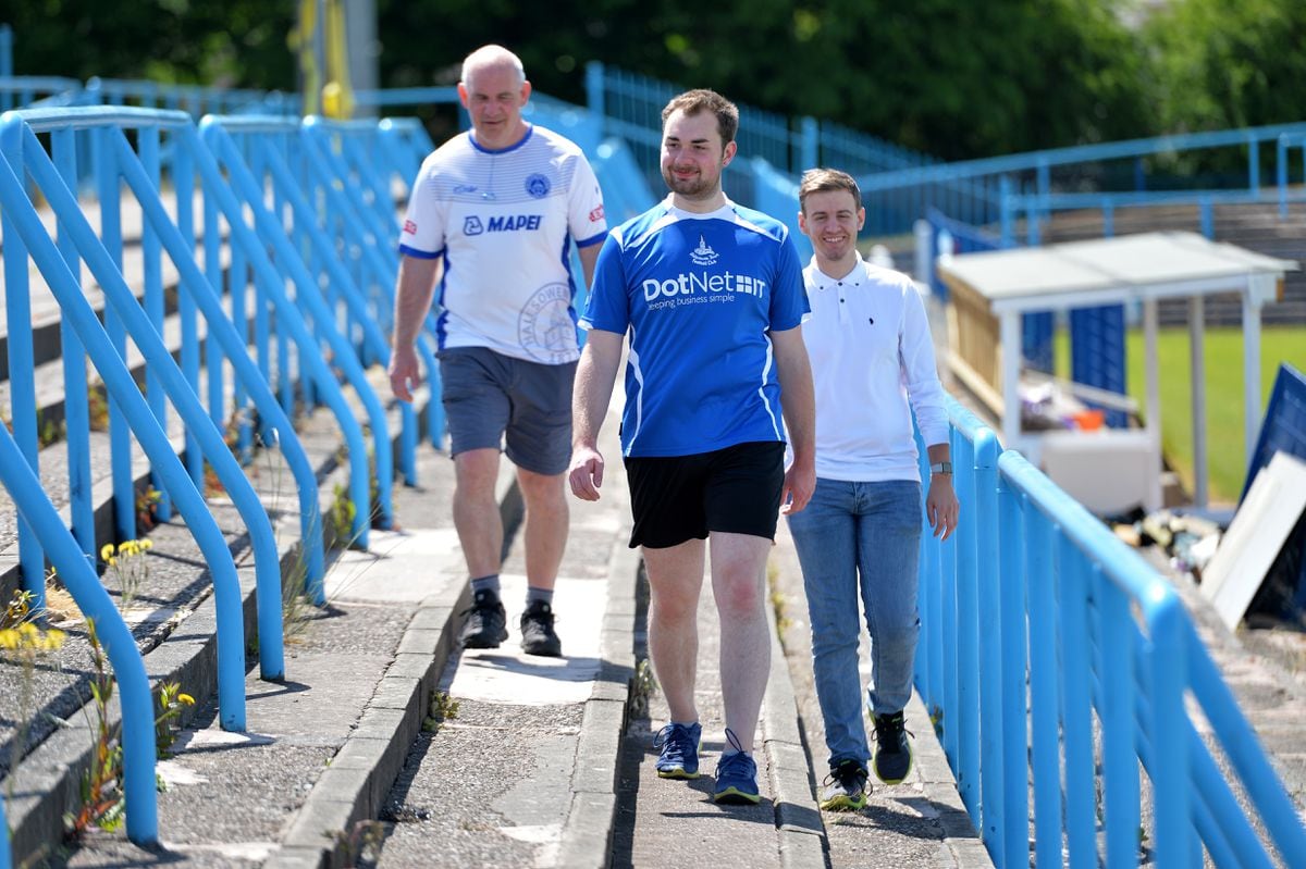 Halesowen Town FC fans, left ,Richard Ditchfield, Ben Bullock and Matt Ponter are 'walking to Wembley' by doing laps for the ground.