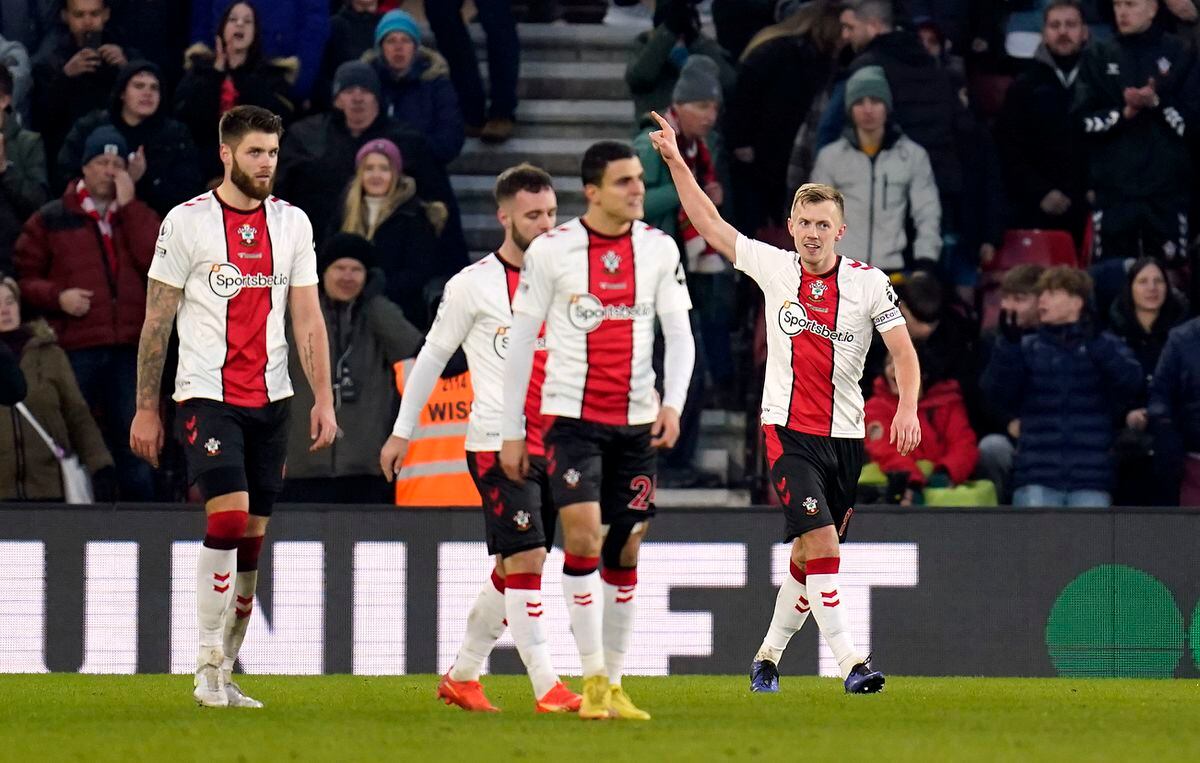 
              
Southampton's James Ward-Prowse (right) celebrates scoring their side's first goal of the game before it is ruled out after a VAR check during the Premier League match at St. Mary's Stadium, Southampton. Picture date: Saturday January 21, 2023. PA Photo. See PA story SOCCER Southampton. Photo credit should read: Andrew Matthews/PA Wire.


RESTRICTIONS: EDITORIAL USE 
ONLY No use with unauthorised audio, video, data, fixture lists, club/league logos or "live" services. Online in-match use limited to 120 images, no video emulation. No use in betting, games or single club/league/player publications.
            
