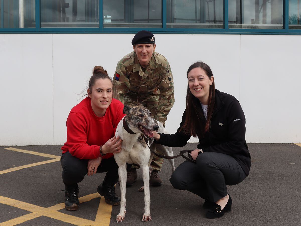 Sgt Vicky Harrison with Monmore office manager Melissa Cook, kennelhand Pippa Murphy and racing greyhound Wayward Elegance
