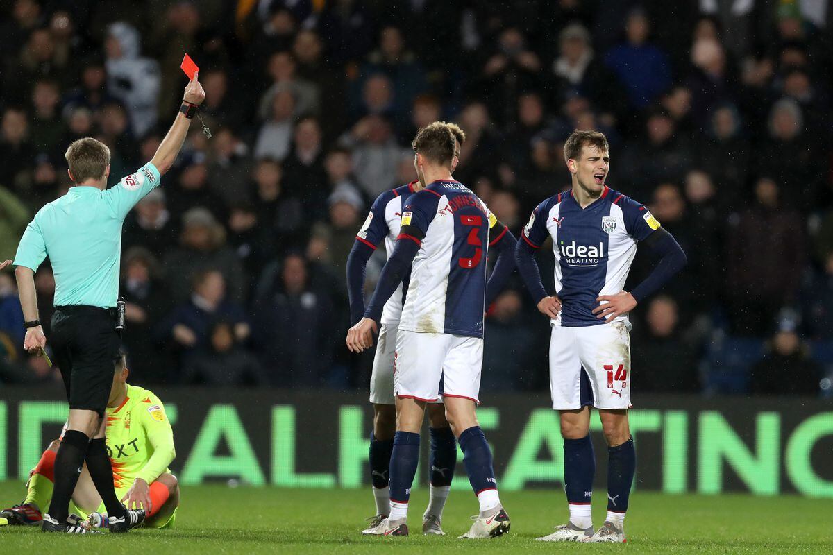 Referee Gavin Ward shows a red card and sends Jayson Molumby of West Bromwich Albion off. (Photo by Adam Fradgley/WBA FC via Getty Images).