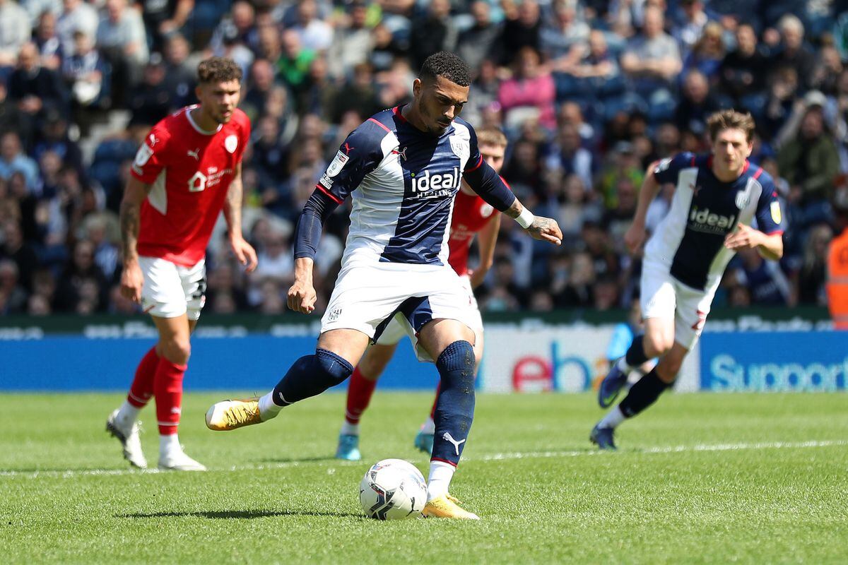 Karlan Grant of West Bromwich Albion scores a goal to make it 1-0 from the penalty spot during the Sky Bet Championship match between West Bromwich Albion and Barnsley at The Hawthorns on May 7, 2022 in West Bromwich, England. (Photo by Adam Fradgley/West Bromwich Albion FC via Getty Images).
