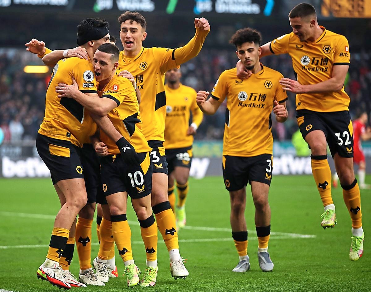 Raul Jimenez is mobbed by his team-mates after scoring the opening goal