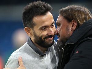 Carlos Corberan all smiles as he embraces Leeds' Daniel Farke a couple of weeks ago (Photo by Adam Fradgley/West Bromwich Albion FC via Getty Images).