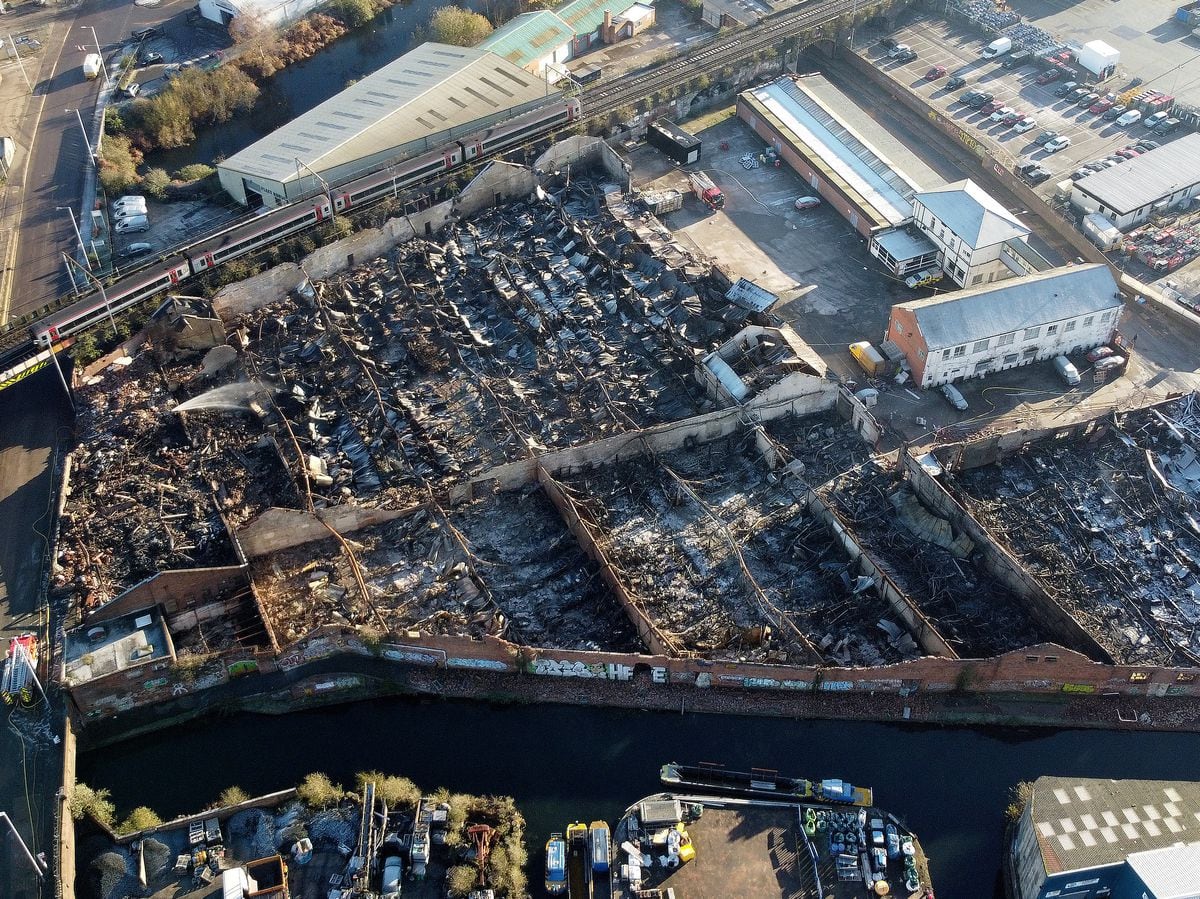 The aftermath of the huge fire in Wolverhampton, off Lower Horseley Fields.