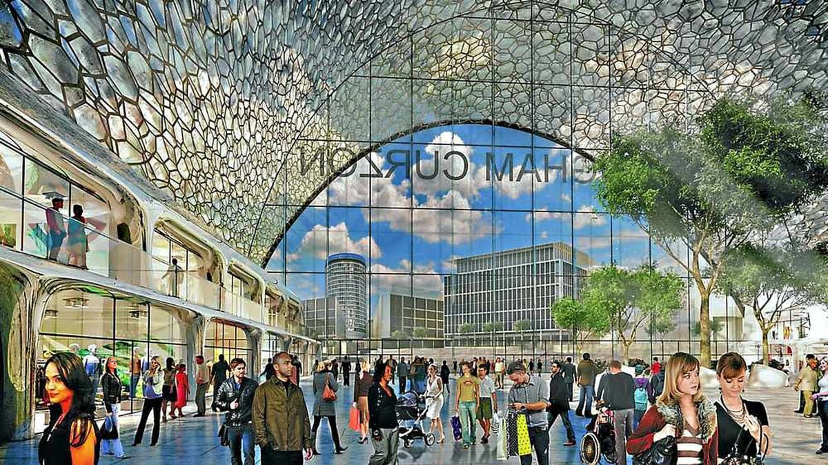 The Birmingham Curzon concourse would be under a huge canopy at the new station, with the Rotunda behind it