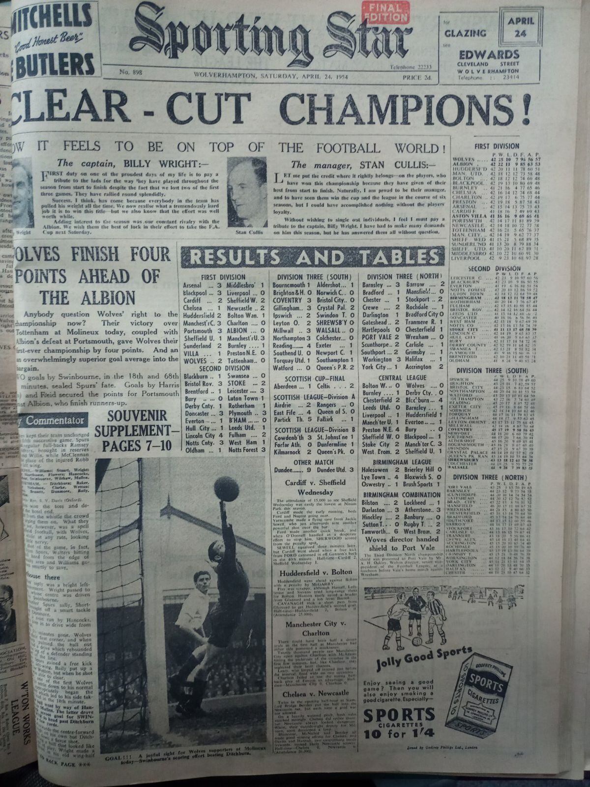 April 24, 1954 - Wolves pip Albion to title