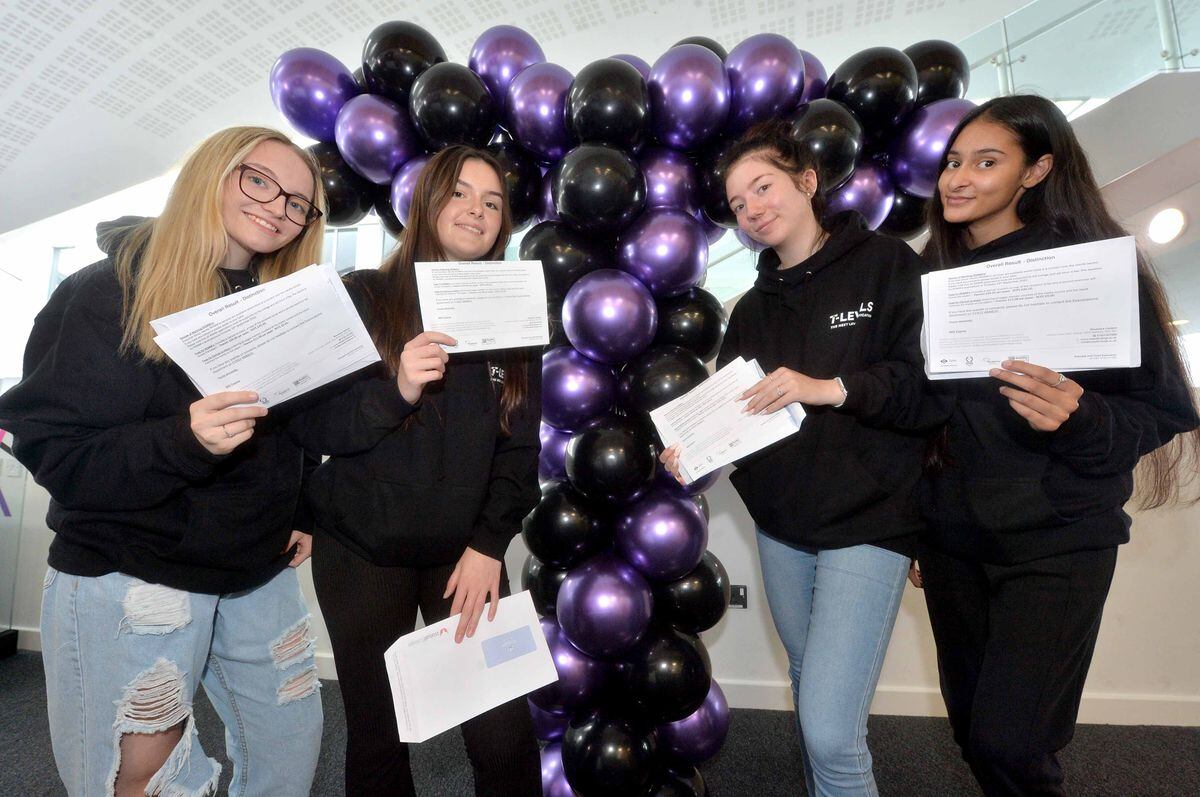 Walsall College students celebrating, from left: Jamie-Leigh Thompson, 19, Lydia Handley, 18, Kayla Warke, 18, Simran Kaur, 18