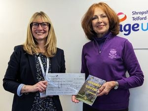 Forner Bridgnorth Golf Club Ladies Captain Carrie Lees (right) pesenting a cheque to Catherine McCloy of Age UK