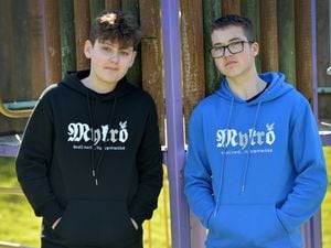 .Liam Smith ( in blue ) and Ashley Hodgett both 15 and from Cannock have launched their own clothing brand called MYKRO clothing and are looking for investment..