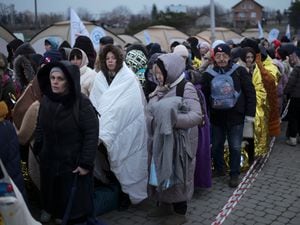 Ukrainian refugees at the border crossing in Medyka, Poland