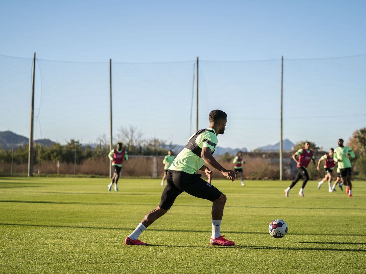 Darnell Furlong on the ball during West Brom training in Spain (WBA)
