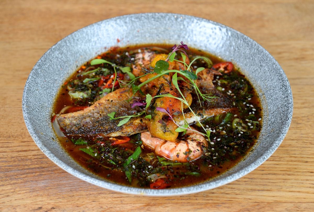 Sea bass, Japanese broth, prawns and noodles