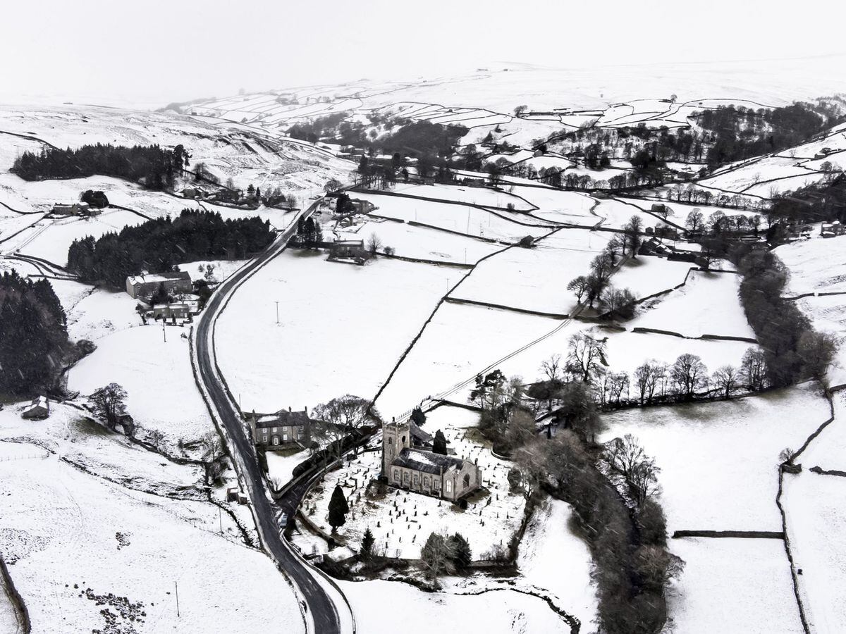 Snow covers hills and fields in North Yorkshire