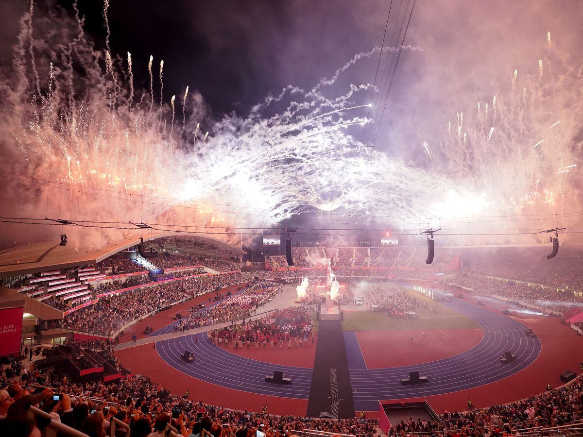 Fireworks above and inside the stadium during the Closing Ceremony for the 2022 Commonwealth Games at the Alexander Stadium in Birmingham