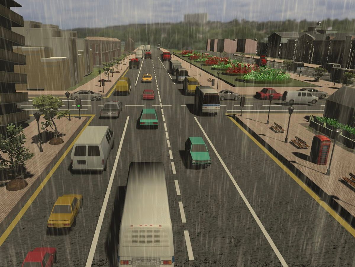 The AI traffic light system being tested in a rain scenario