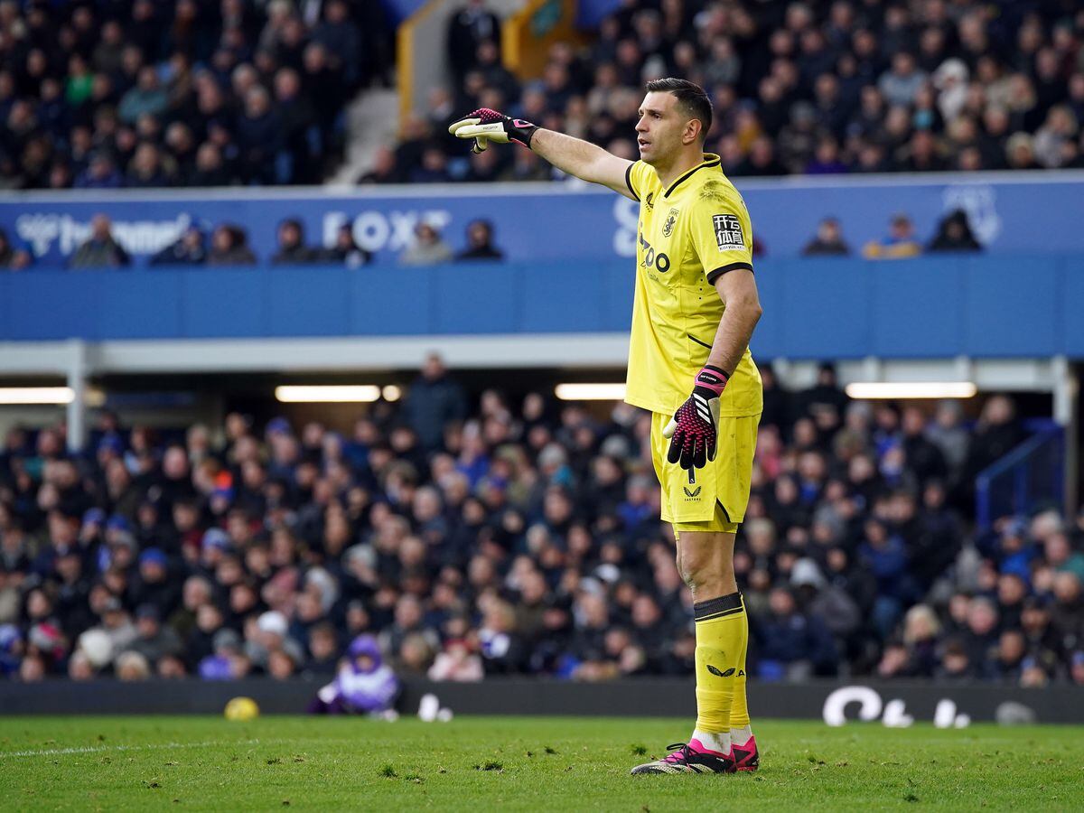 Aston Villa goalkeeper Emiliano Martinez during the Premier League match at Goodison Park, Liverpool. Picture date: Saturday February 25, 2023.