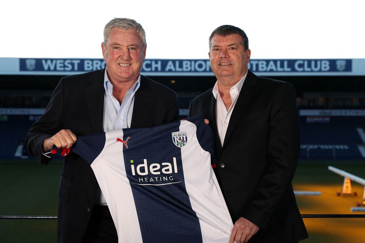WALSALL, ENGLAND - FEBRUARY 04: Ron Gourlay Chief Executive of West Bromwich Albion and Steve Bruce Head Coach / Manager of West Bromwich Albion at The Hawthorns, the home stadium of West Bromwich Albion on February 4, 2022 in Walsall, England. (Photo by Adam Fradgley/West Bromwich Albion FC via Getty Images).