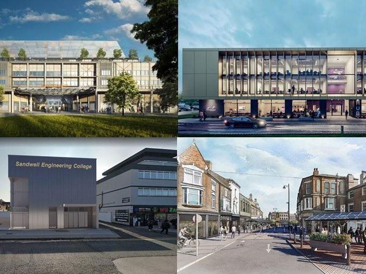 Artist's impressions; top row, left to right: Midland Met Learning Campus, and Rowley Regis Education Hub; bottom row, left to right: Sandwell Civil and Mechanical Engineering Centre, and Wednesbury town centre. Images: Sandwell Council.