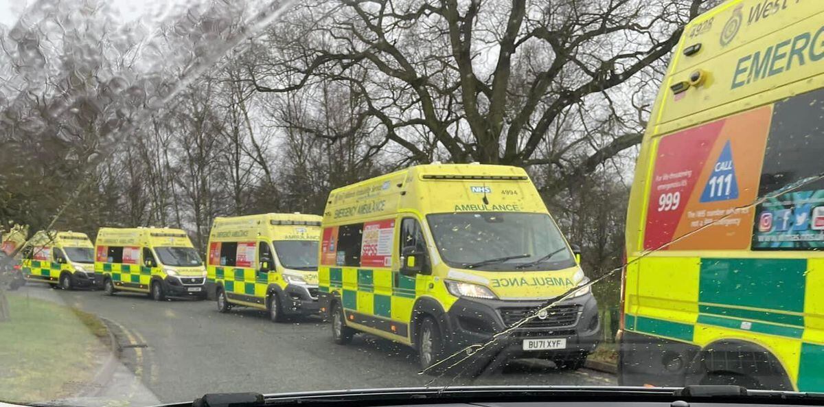 A row of ambulances queuing up in the West Midlands. 