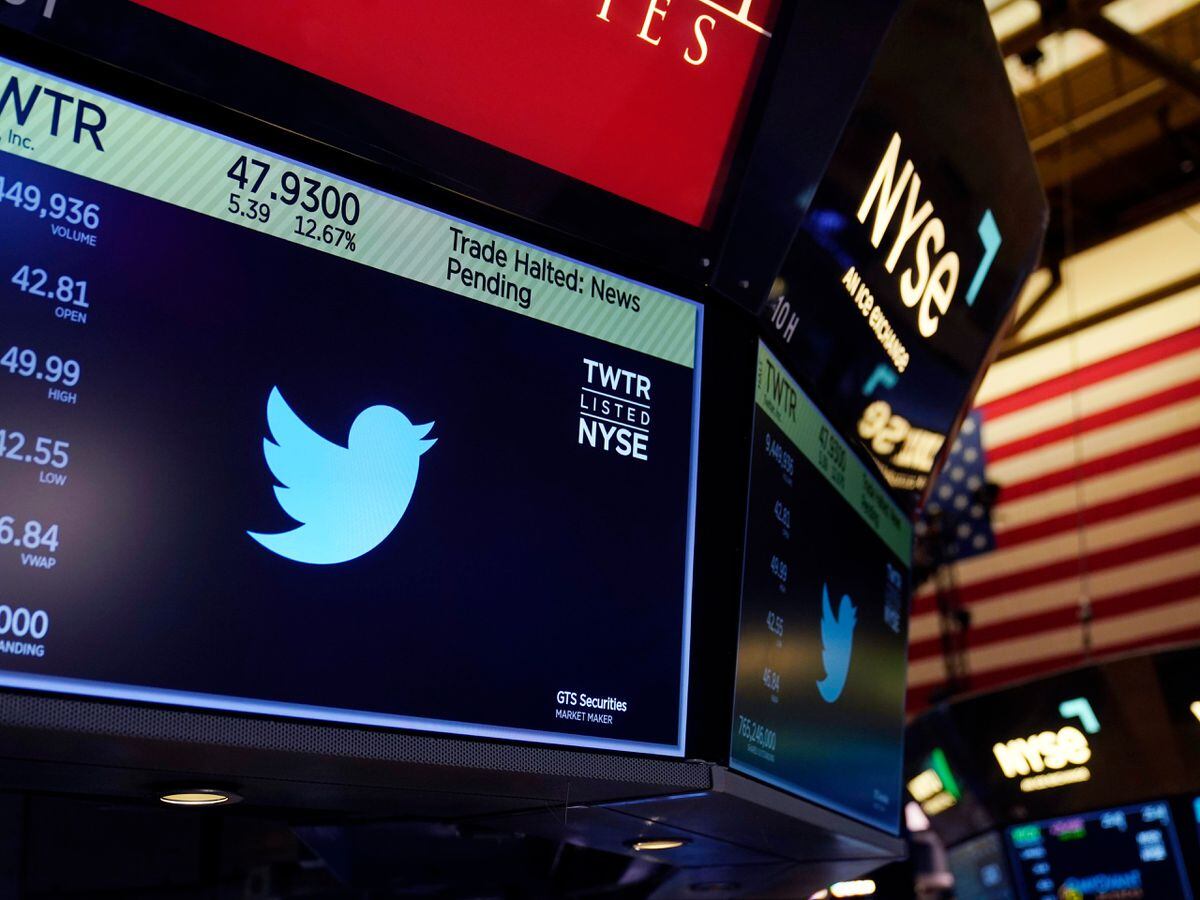 The symbol for Twitter appears above a trading post on the floor of the New York Stock Exchange