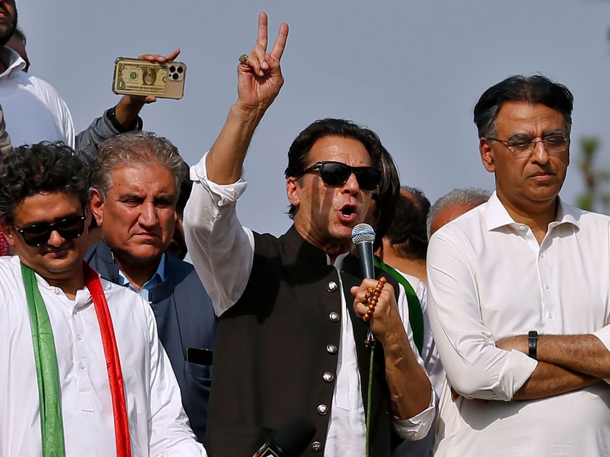 Pakistan’s defiant former prime minister Imran Khan, centre, during an anti-government rally