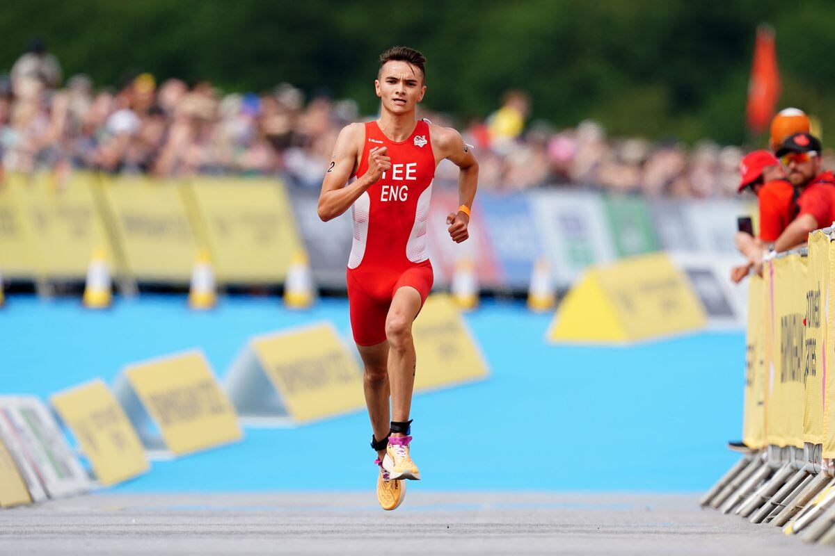 Alex Yee heads for gold as he reaches the end of the men's sprint triathlon. Photo: David Davies/PA Wire.