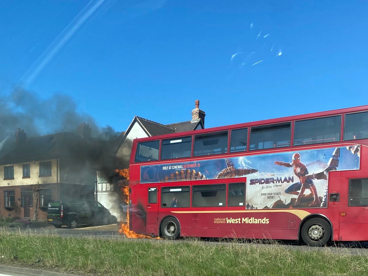 Bus on fire on A5 Watling Street, in Brownhills 