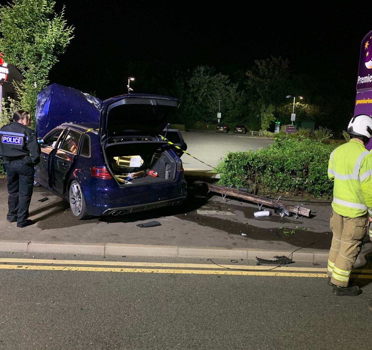 The car crashed into a lamppost and telegraph pole before stopping in a hedge. Photo: @WMFSStourbridge