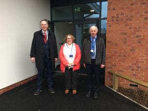 County councillor Jonathan Price, Sir Graham Balfour School headteacher Lesley Beck and chair of governors Mike Winkle outside the new teaching block