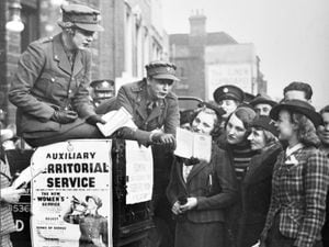 Wolverhampton women crowd around the ATS recruiting stand in 1939.