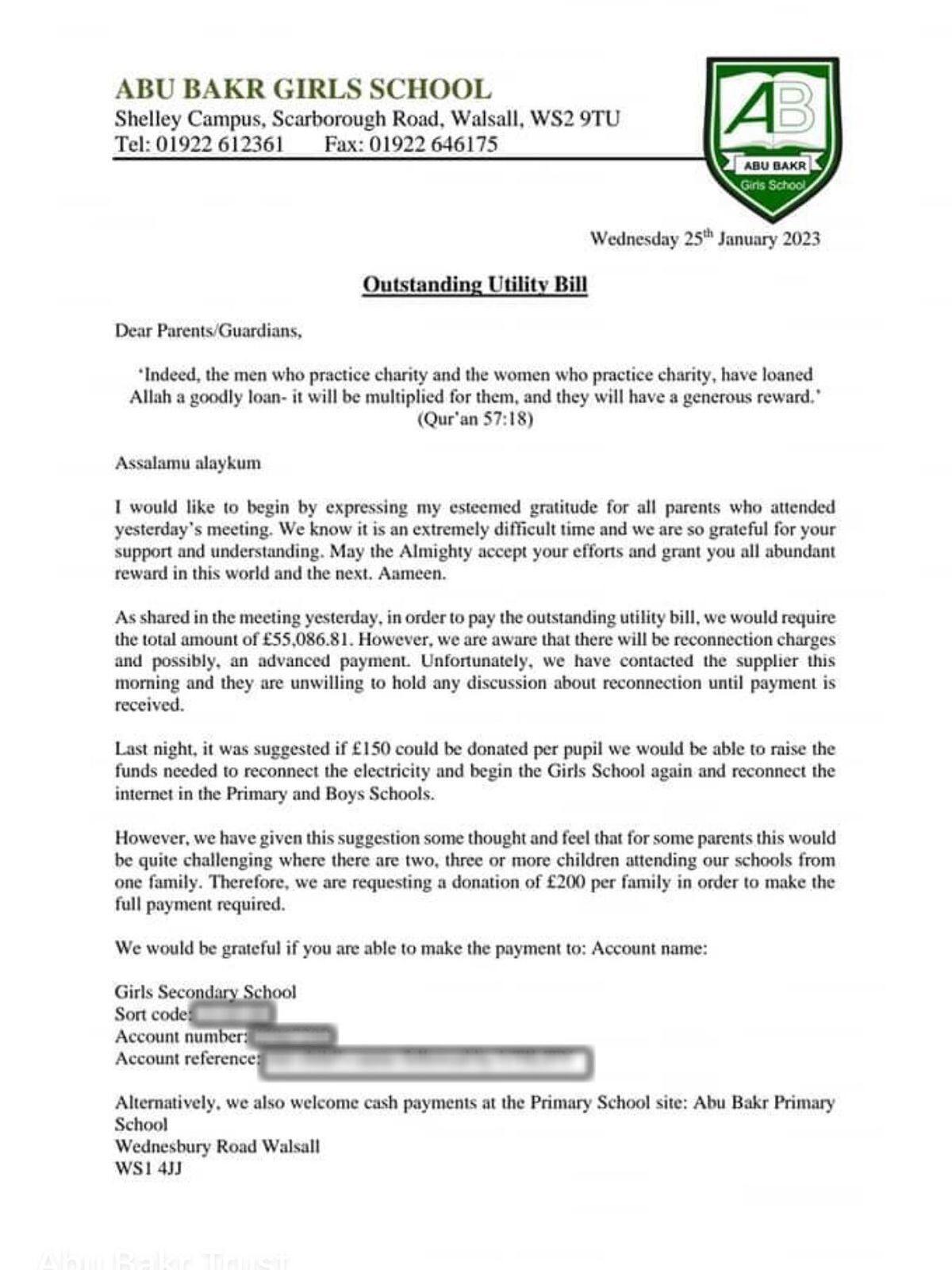 Letter from Abu Bakr School addressed to parents asking for £200 donation per family