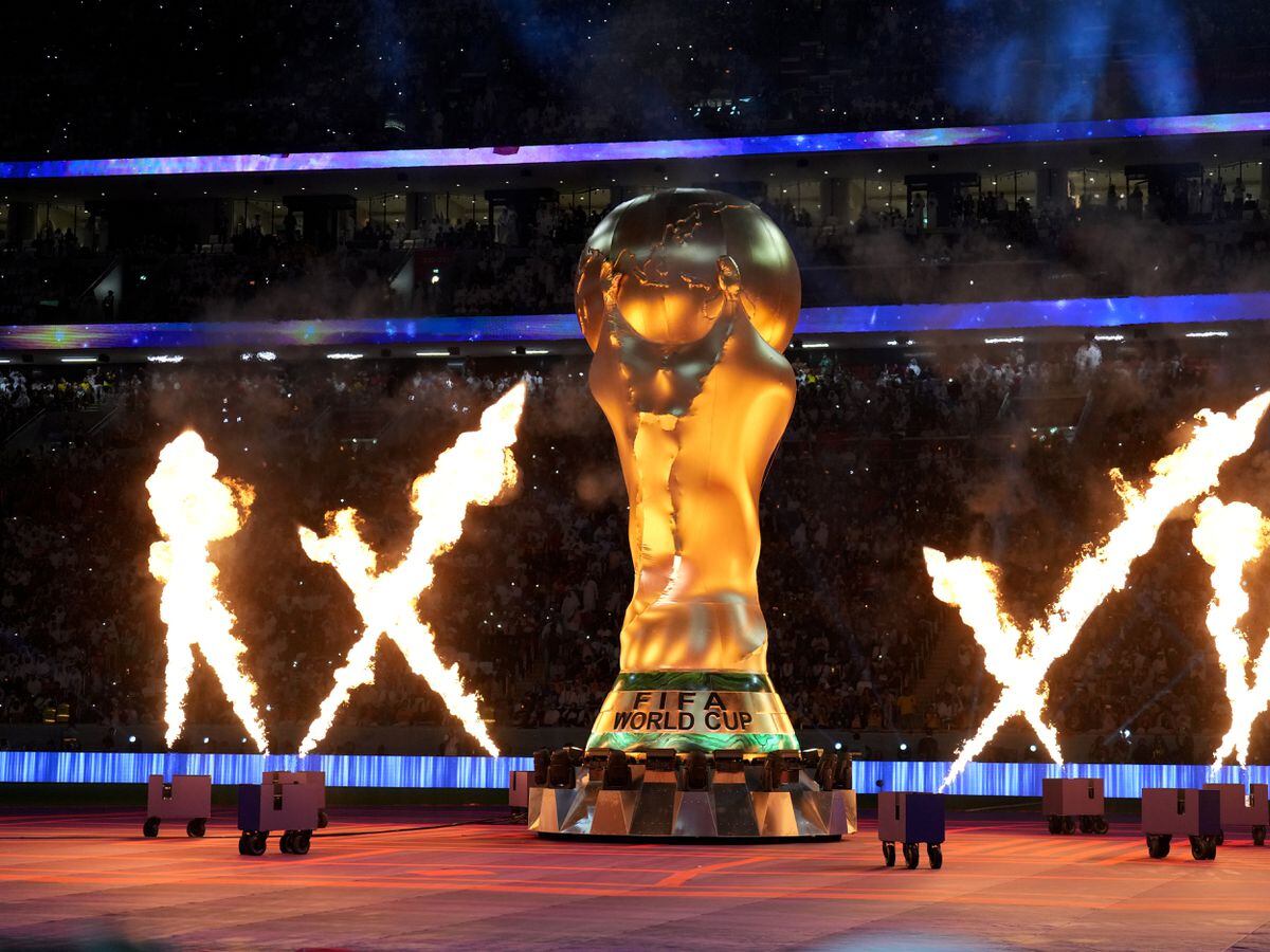 A giant World Cup Trophy during the opening ceremony of the FIFA World Cup 2022 at the Al Bayt Stadium, Al Khor. Picture date: Sunday November 20, 2022.