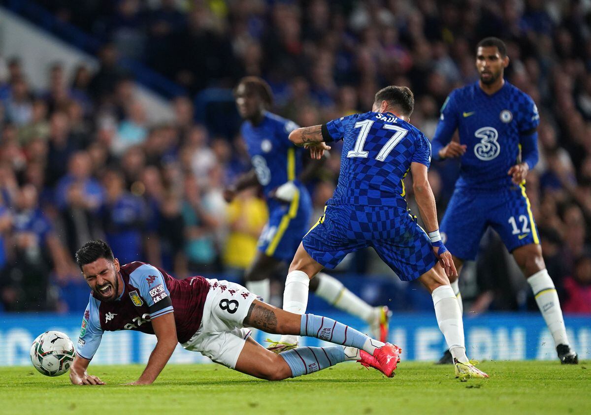 
              
Aston Villa's Morgan Sanson reacts to a challenge from Chelsea's Saul Niguez during the Carabao Cup third round match at Stamford Bridge, London. Picture date: Wednesday September 22, 2021. PA Photo. See PA story SOCCER Chelsea. Photo credit should read: Mike Egerton/PA Wire.


RESTRICTIONS: 
EDITORIAL USE ONLY No use with unauthorised audio, video, data, fixture lists, club/league logos or "live" services. Online in-match use limited to 120 images, no video emulation. No use in betting, games or single club/league/player publications.
            
