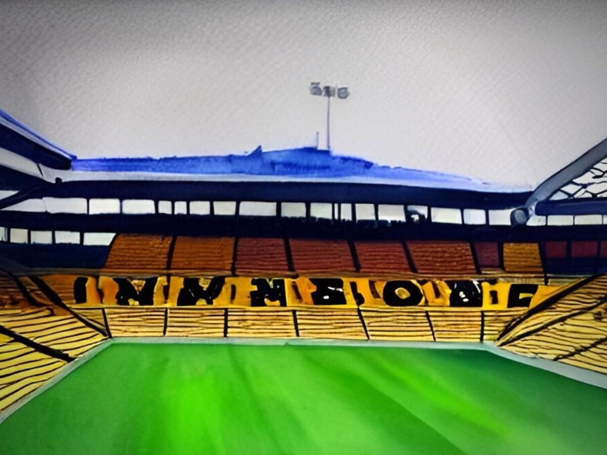 This is how the artificial intelligence interpreted our prompt to paint an aerial view of Wolves stadium Molineux. 