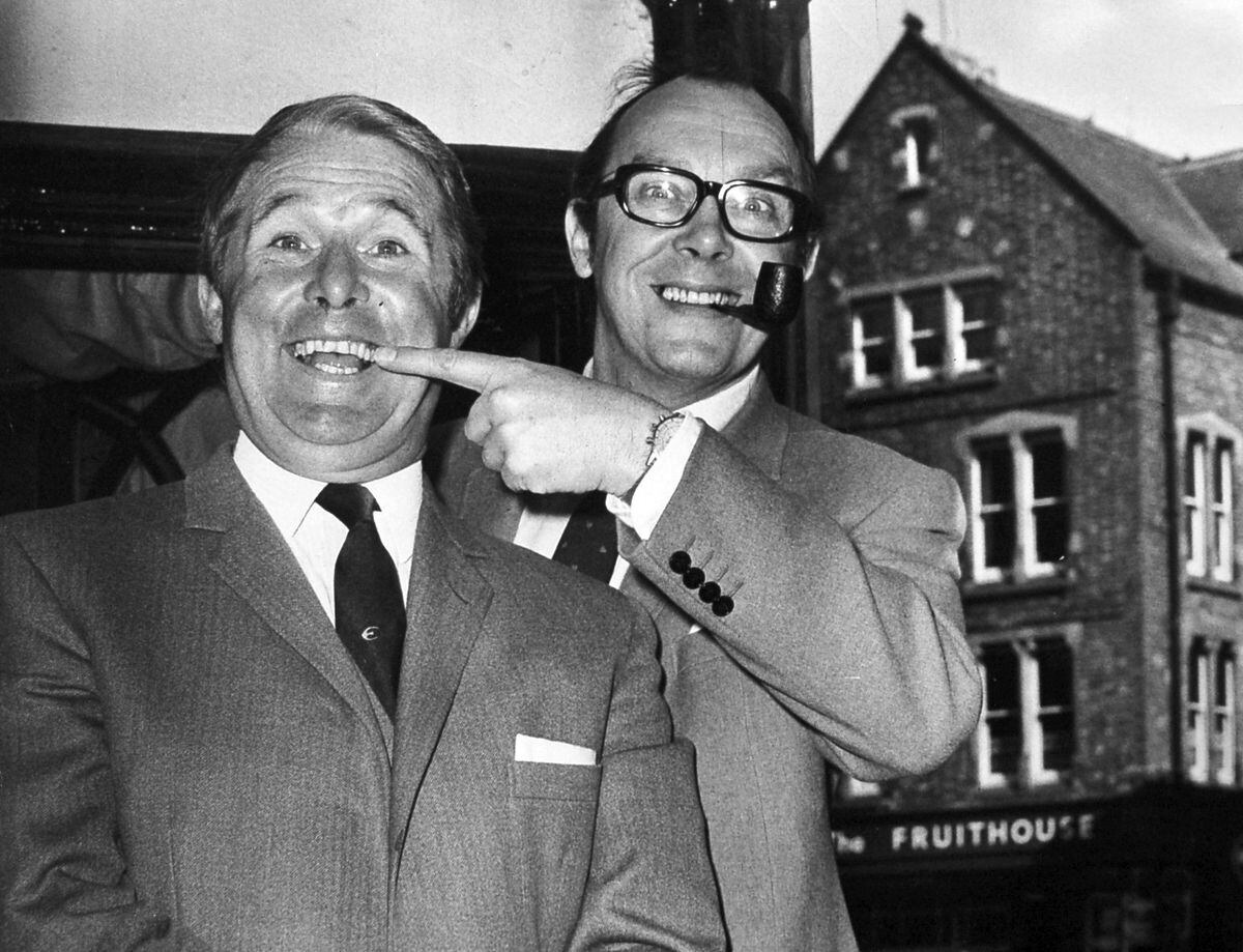 nostalgia pic. Shrewsbury. (probably) Ernie Wise, left, and Eric Morecambe, the famous comedians. The location is likely to be Shrewsbury because the date on the back of this Shropshire Star picture taken by Bob Craig is April 20 or 21 (bit difficult to read), 1971, and another, different, picture of Morecambe and Wise was used on page one of the Shropshire Star on April 20, saying they were seeing the sights of Shrewsbury. I can't find evidence of this particular picture here having been used though. Library code: Shrewsbury nostalgia 2011.