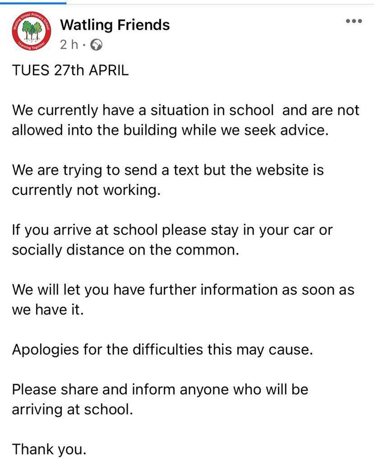 Facebook message posted by the school