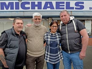 Joginder Singh and his wife Baljinder with shop regulars, Lea Young - a regular of 24 years - and Steve Hawthorn, who has been going to the shop since it opened