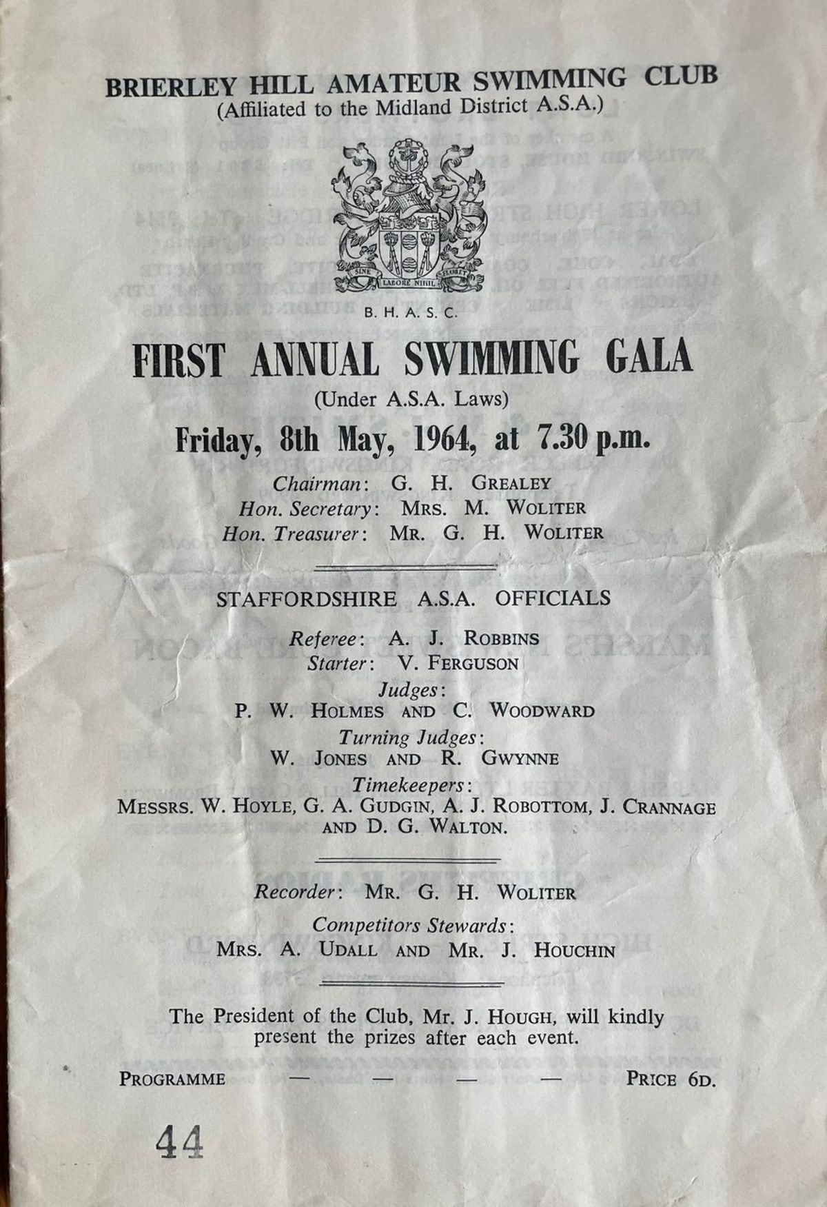 The programme for the club's first gala in 1964