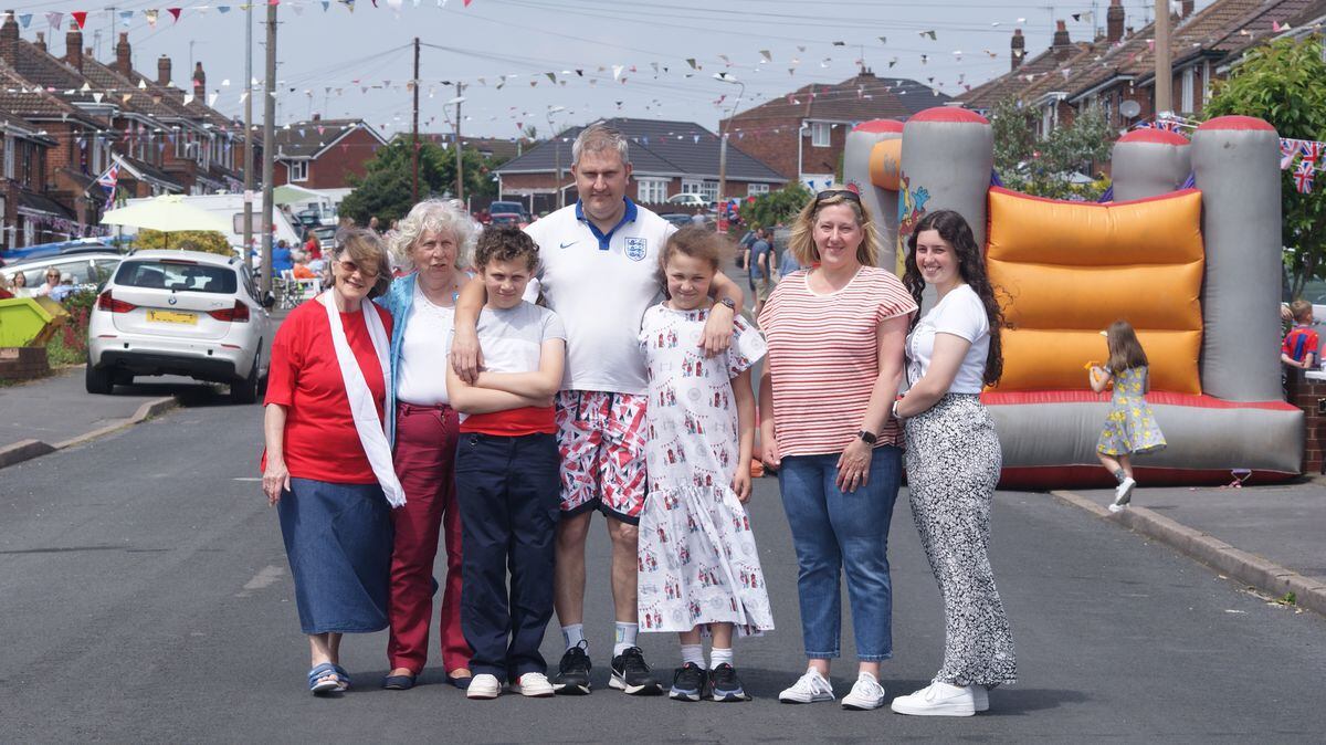 A street party at Carol Crescent and The Hawnelands in Halesowen on Friday. Pictured: Pat Brittain, Elaine Harris, son Peter Harris and his children Luke and Ruby, Louise Bowen and her daughter Alice Bowen.