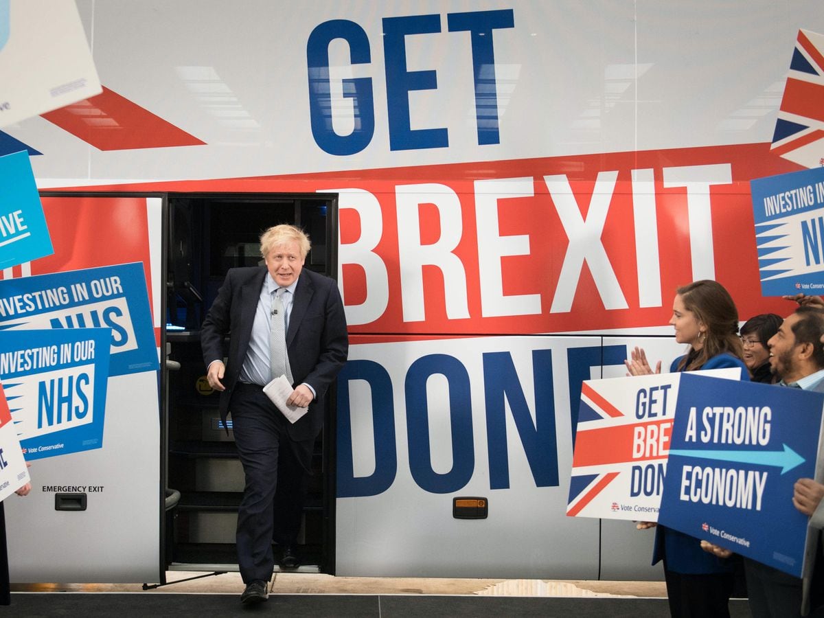 Boris Johnson next to the slogan 'Get Brexit Done' on the Tory election battlebus