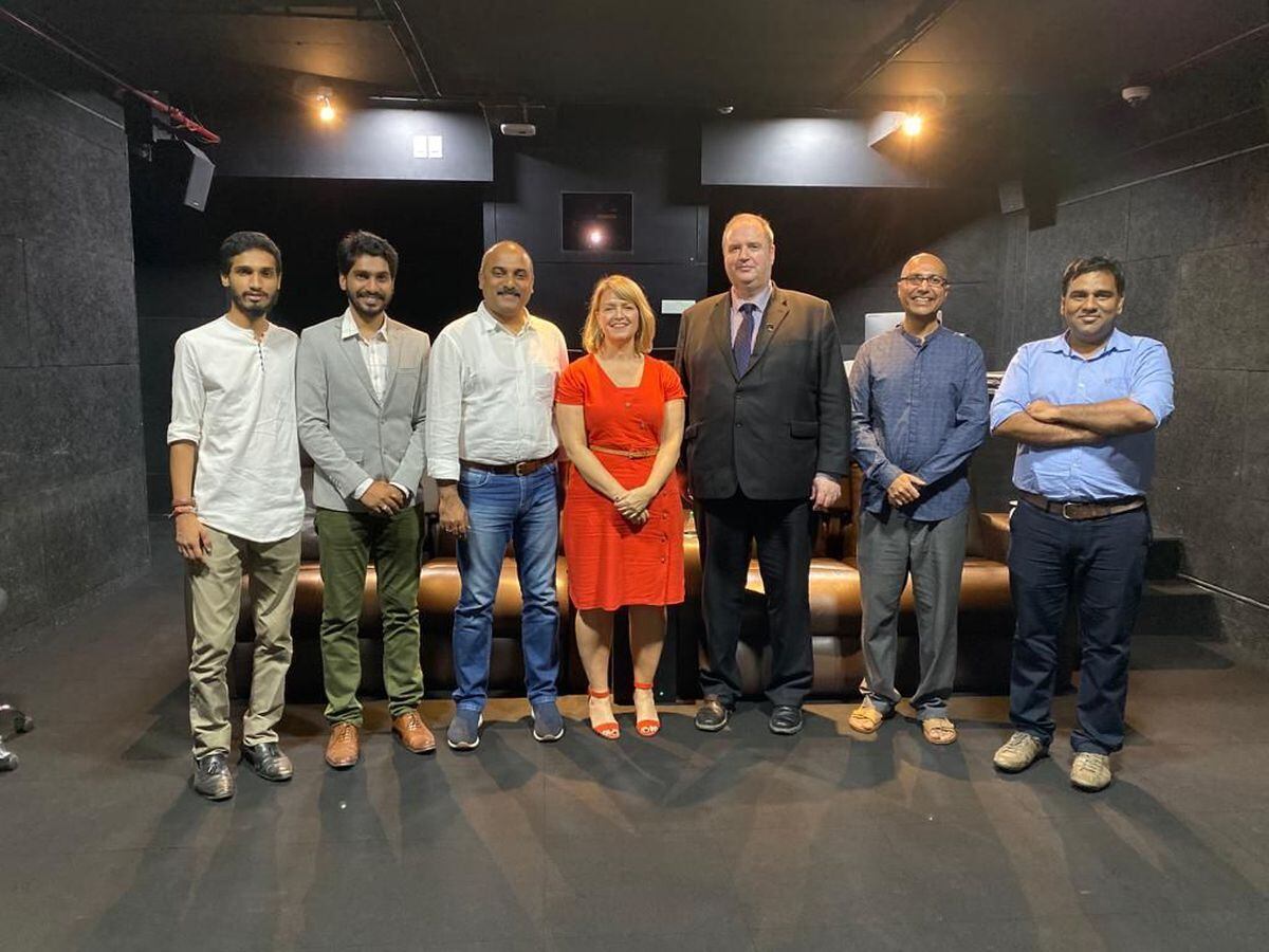 Pro Vice-Chancellor and Executive Dean Professor Alison Honour and Vice-Chancellor Professor Philip Plowden of Birmingham City University, with staff from Ronkel and Head of Operations at Red Chillies VFX