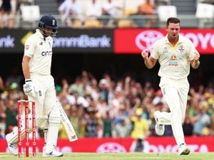 Australia’s Josh Hazlewood celebrates the wicket of England’s Joe Root