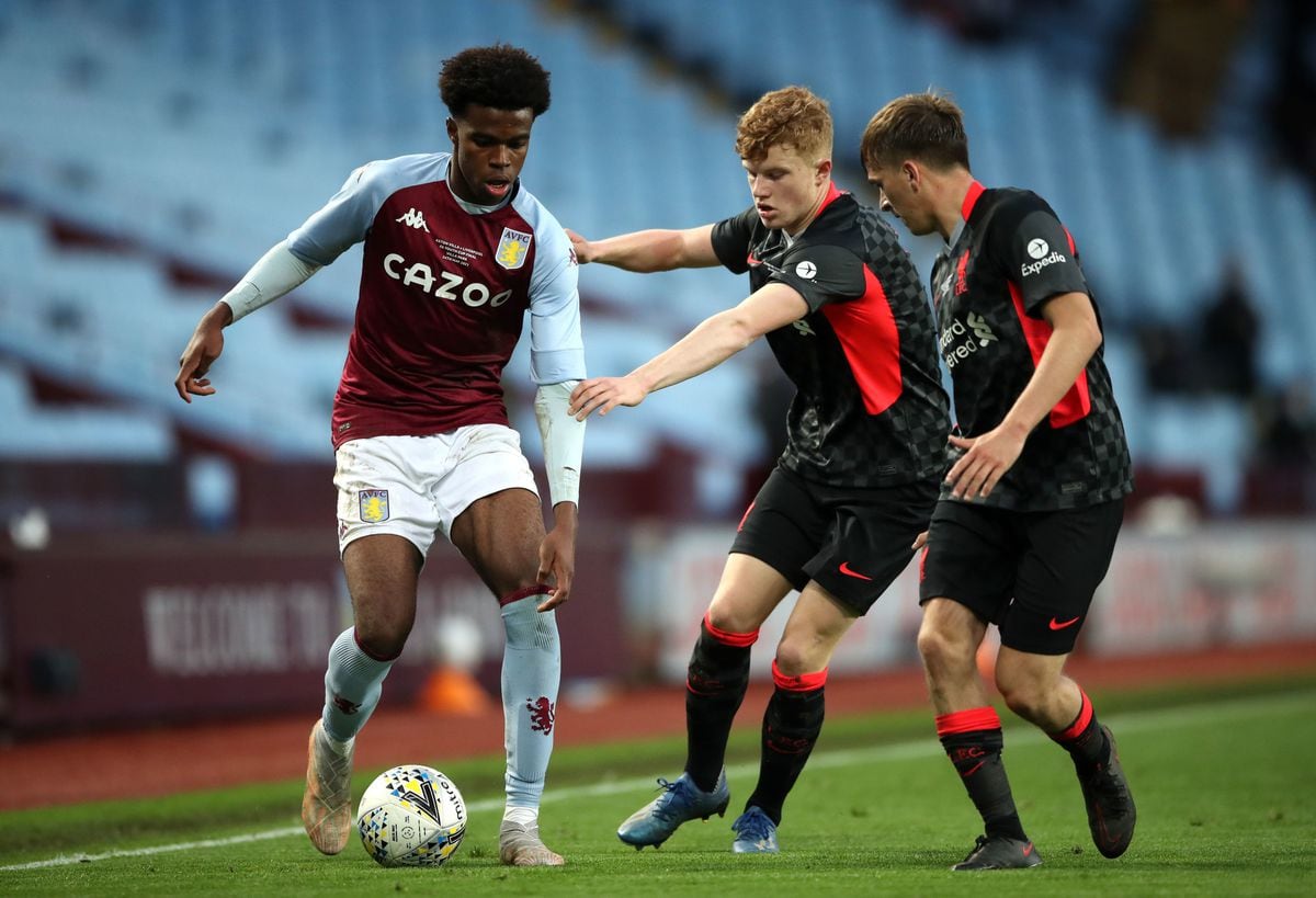 Aston Villa's Carney Chukwuemeka (left) battles with Liverpool's James Norris and Luca Stephenson during the FA Youth Cup Final at Villa Park, Birmingham. Picture date: Monday May 24, 2021. PA Photo. See PA story SOCCER Youth Cup. Photo credit should read: Nick Potts/PA Wire...RESTRICTIONS: EDITORIAL USE ONLY No use with unauthorised audio, video, data, fixture lists, club/league logos or "live" services. Online in-match use limited to 120 images, no video emulation. No use in betting, games or single club/league/player publications..