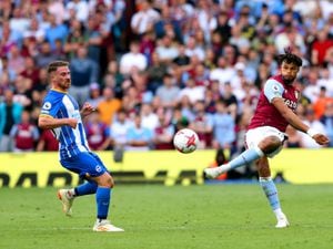Aston Villa's Tyrone Mings (right) and Brighton and Hove Albion's Alexis Mac Allister battle for the ball during the Premier League match at Villa Park, Birmingham. Picture date: Sunday May 28, 2023. PA Photo. See PA story SOCCER Villa. Photo credit should read: Barrington Coombs/PA Wire...RESTRICTIONS: EDITORIAL USE ONLY No use with unauthorised audio, video, data, fixture lists, club/league logos or "live" services. Online in-match use limited to 120 images, no video emulation. No use in betting, games or single club/league/player publications..