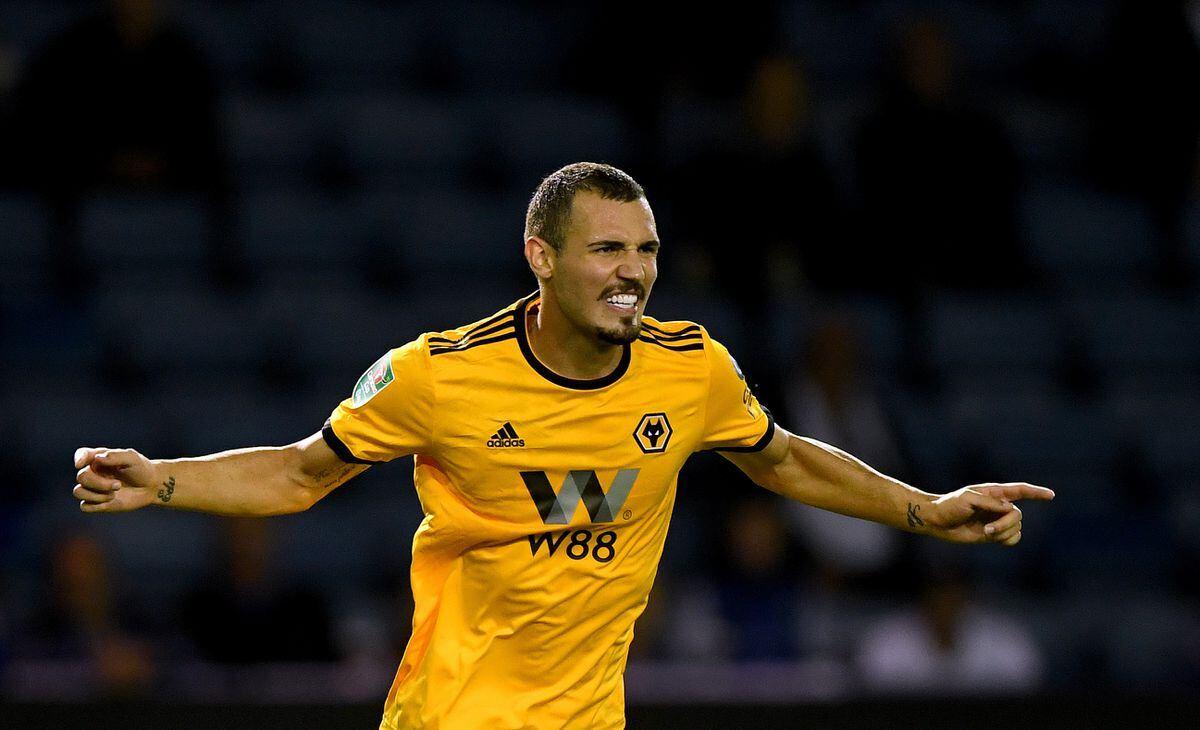 Leo Bonatini of Wolverhampton Wanderers celebrates after scoring a goal to make it 0-1.