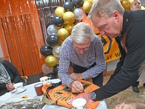 Wolves legends surprise visit to the Willows care home, Codsall. Pictured, John Richards with Steve Daley